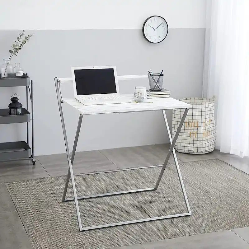 Bureau informatique compact pliable à 2 niveaux Urban Shop, sans outil, plateau en marbre avec cadre argenté