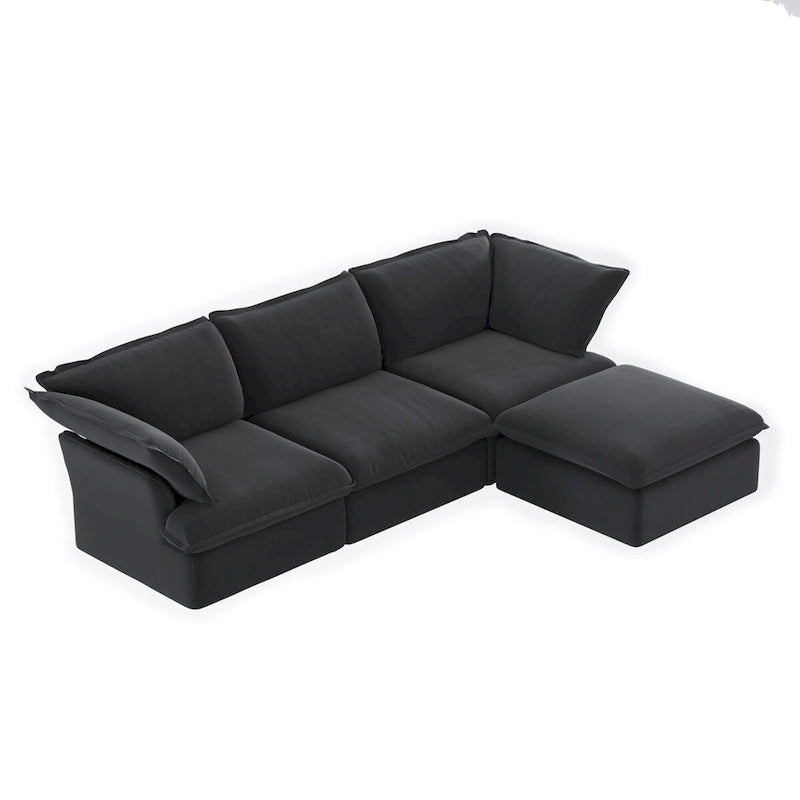 Narożna sofa tapicerowana w kształcie litery L z lnu z wieloma poduszkami i otomaną ze schowkiem