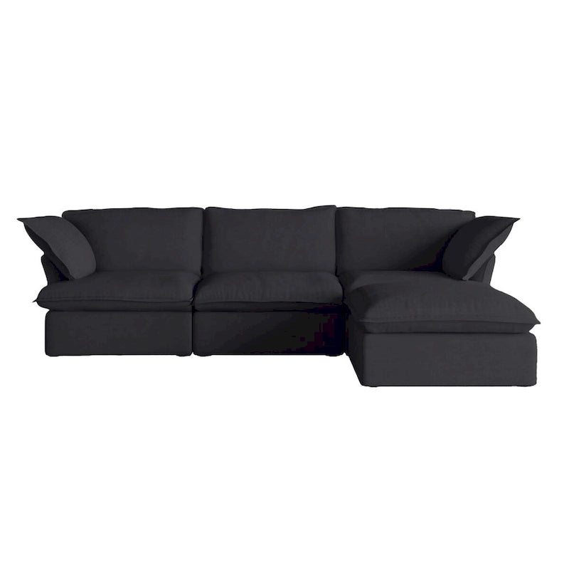 Narożna sofa tapicerowana w kształcie litery L z lnu z wieloma poduszkami i otomaną ze schowkiem