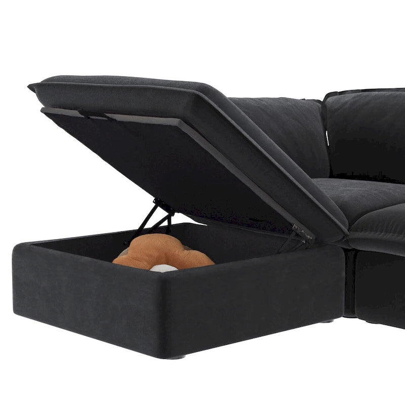 Narożna sofa tapicerowana w kształcie litery L z lnu z wieloma poduszkami i otomaną ze schowkiem
