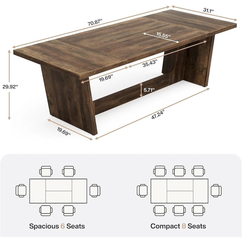 Table à manger en bois de 180 cm, grande table de salle à manger pour 6 à 8 personnes, table de cuisine