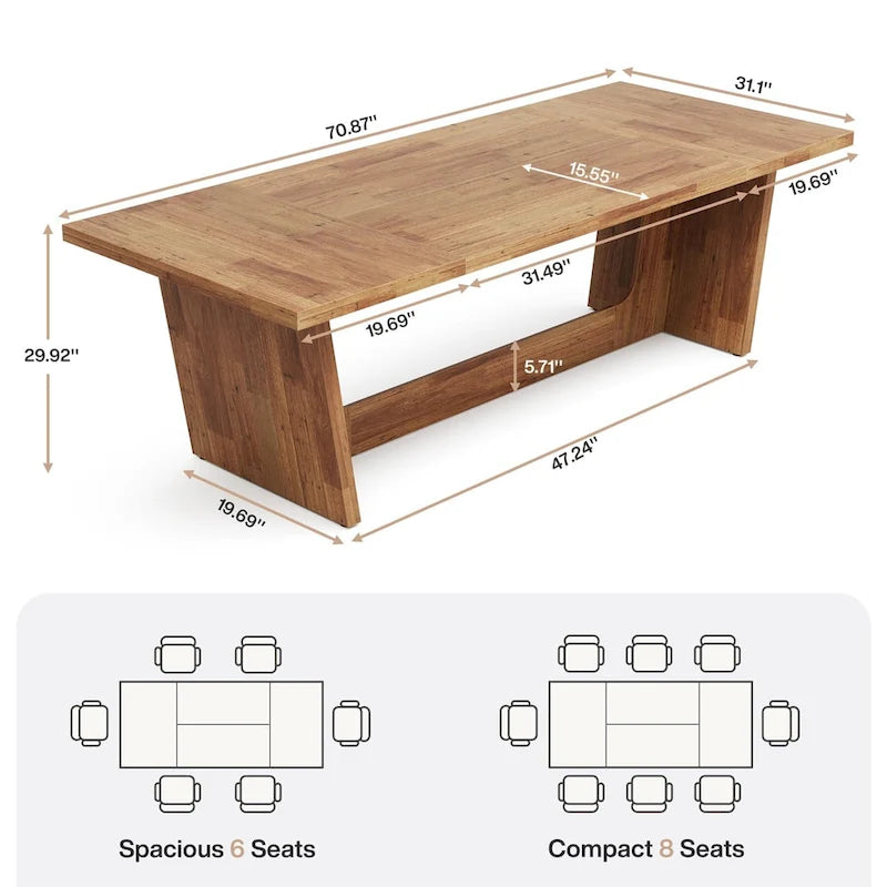 Table à manger en bois de 180 cm, grande table de salle à manger pour 6 à 8 personnes, table de cuisine