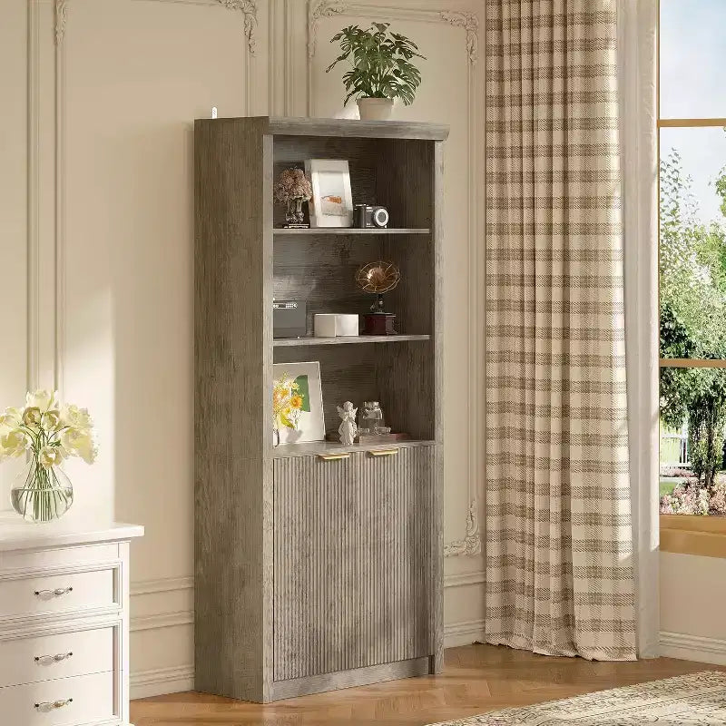 Bibliothèque à 5 étagères avec portes, Noir / Gris / Chêne / Blanc, 180 cm de haut, Simple
