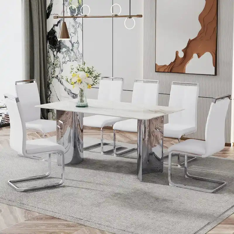 Table à manger minimaliste et moderne. Plateau en verre autocollant imitation marbre blanc