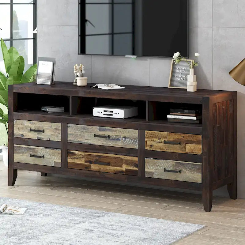Meuble TV Rétro en Bois Vieilli pour TV jusqu'à 65 Pouces, Meuble TV Console Multimédia avec 6 Tiroirs et 3 Étagères