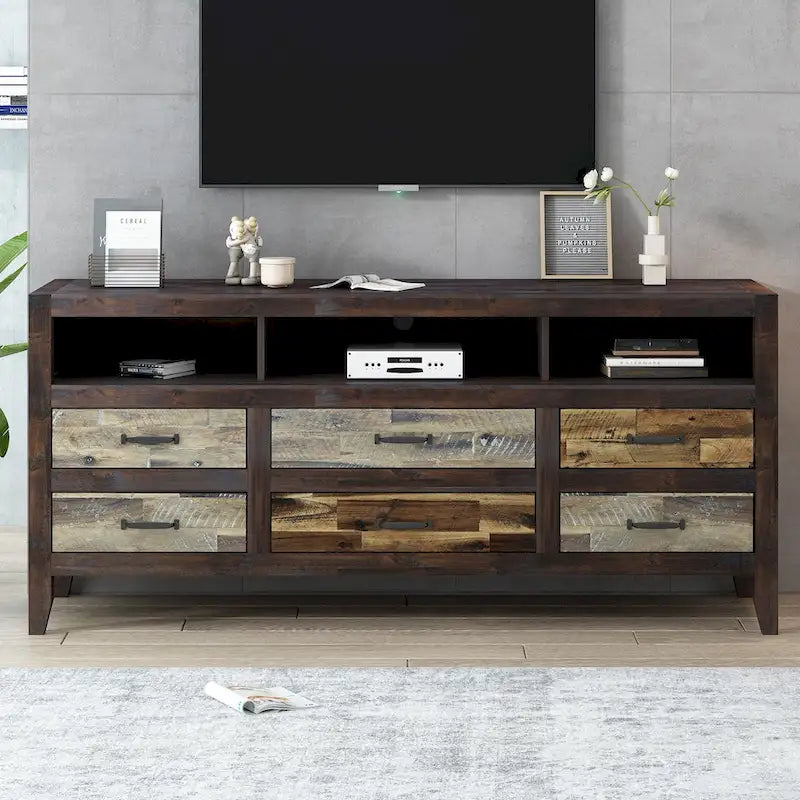 Meuble TV Rétro en Bois Vieilli pour TV jusqu'à 65 Pouces, Meuble TV Console Multimédia avec 6 Tiroirs et 3 Étagères