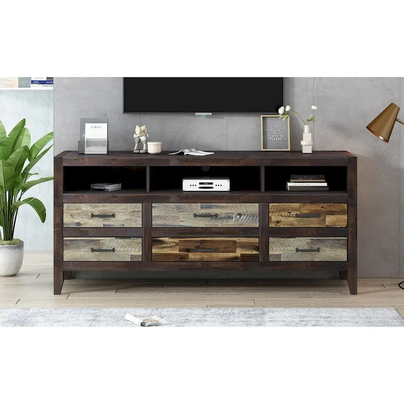 Meuble TV Rétro en Bois Vieilli pour TV jusqu'à 65 Pouces, Meuble TV Console Multimédia avec 6 Tiroirs et 3 Étagères