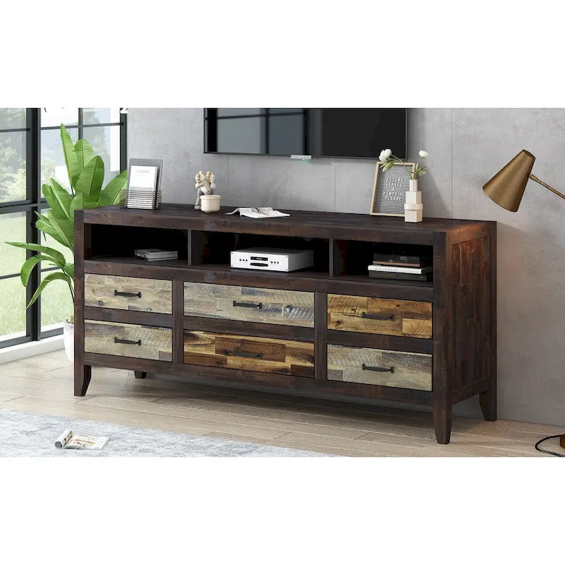 Meuble TV Rétro en Bois Vieilli pour TV jusqu'à 65 Pouces, Meuble TV Console Multimédia avec 6 Tiroirs et 3 Étagères