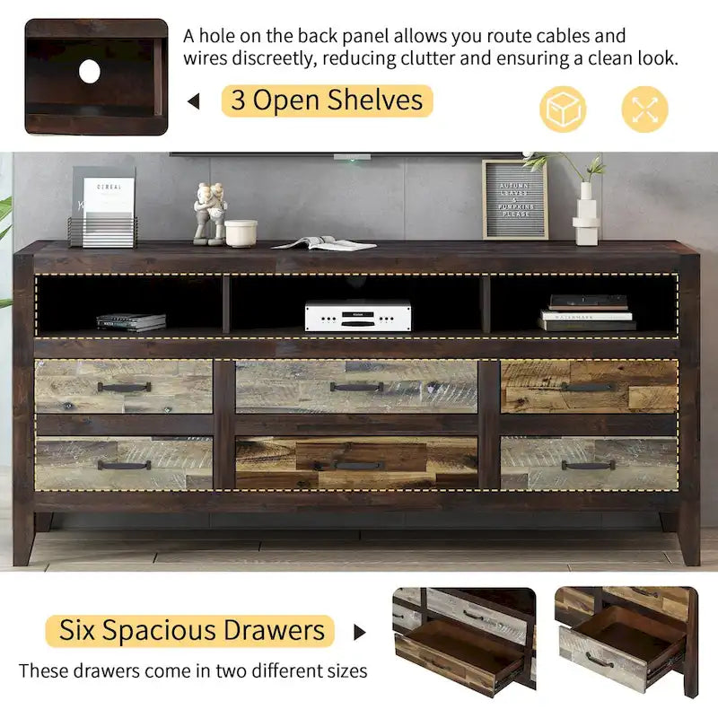 Meuble TV Rétro en Bois Vieilli pour TV jusqu'à 65 Pouces, Meuble TV Console Multimédia avec 6 Tiroirs et 3 Étagères