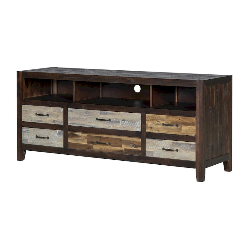 Meuble TV Rétro en Bois Vieilli pour TV jusqu'à 65 Pouces, Meuble TV Console Multimédia avec 6 Tiroirs et 3 Étagères