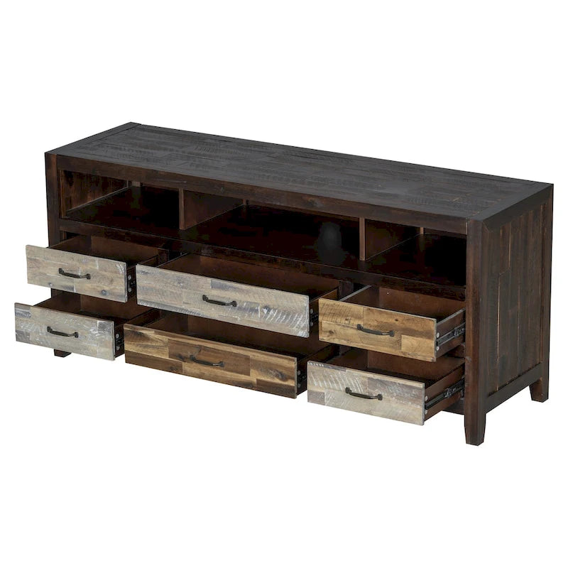 Meuble TV Rétro en Bois Vieilli pour TV jusqu'à 65 Pouces, Meuble TV Console Multimédia avec 6 Tiroirs et 3 Étagères