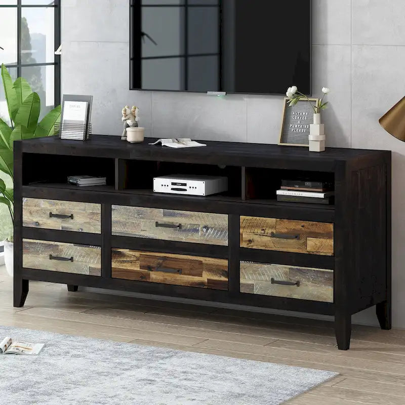 Meuble TV Rétro en Bois Vieilli pour TV jusqu'à 65 Pouces, Meuble TV Console Multimédia avec 6 Tiroirs et 3 Étagères