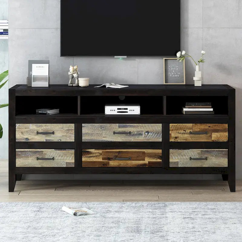 Meuble TV Rétro en Bois Vieilli pour TV jusqu'à 65 Pouces, Meuble TV Console Multimédia avec 6 Tiroirs et 3 Étagères