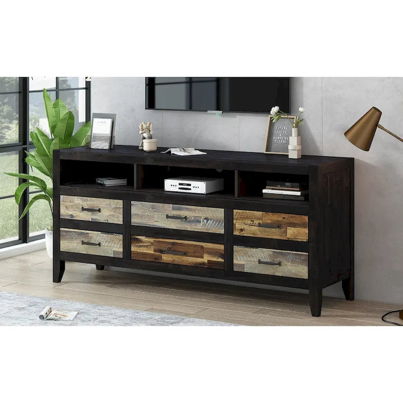 Meuble TV Rétro en Bois Vieilli pour TV jusqu'à 65 Pouces, Meuble TV Console Multimédia avec 6 Tiroirs et 3 Étagères