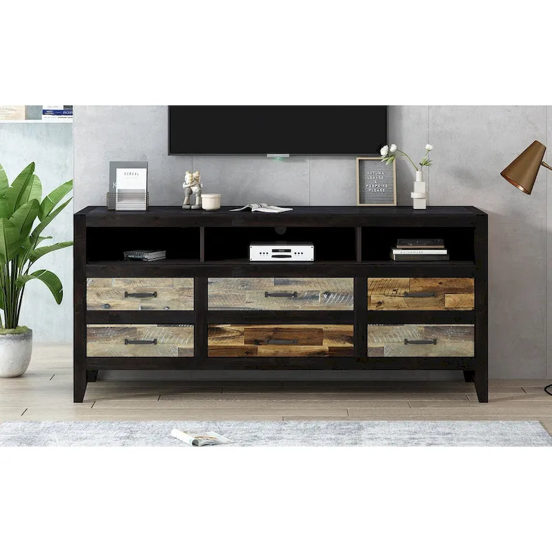 Meuble TV Rétro en Bois Vieilli pour TV jusqu'à 65 Pouces, Meuble TV Console Multimédia avec 6 Tiroirs et 3 Étagères