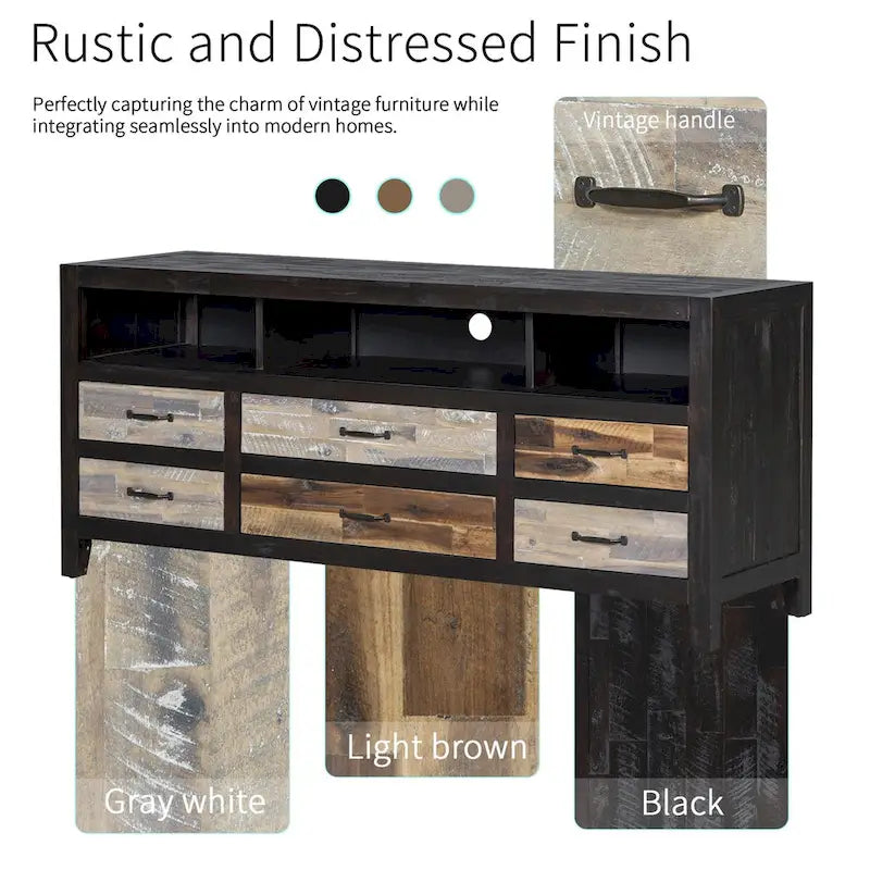 Meuble TV Rétro en Bois Vieilli pour TV jusqu'à 65 Pouces, Meuble TV Console Multimédia avec 6 Tiroirs et 3 Étagères