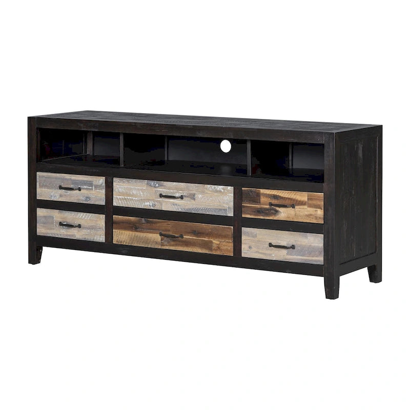 Meuble TV Rétro en Bois Vieilli pour TV jusqu'à 65 Pouces, Meuble TV Console Multimédia avec 6 Tiroirs et 3 Étagères