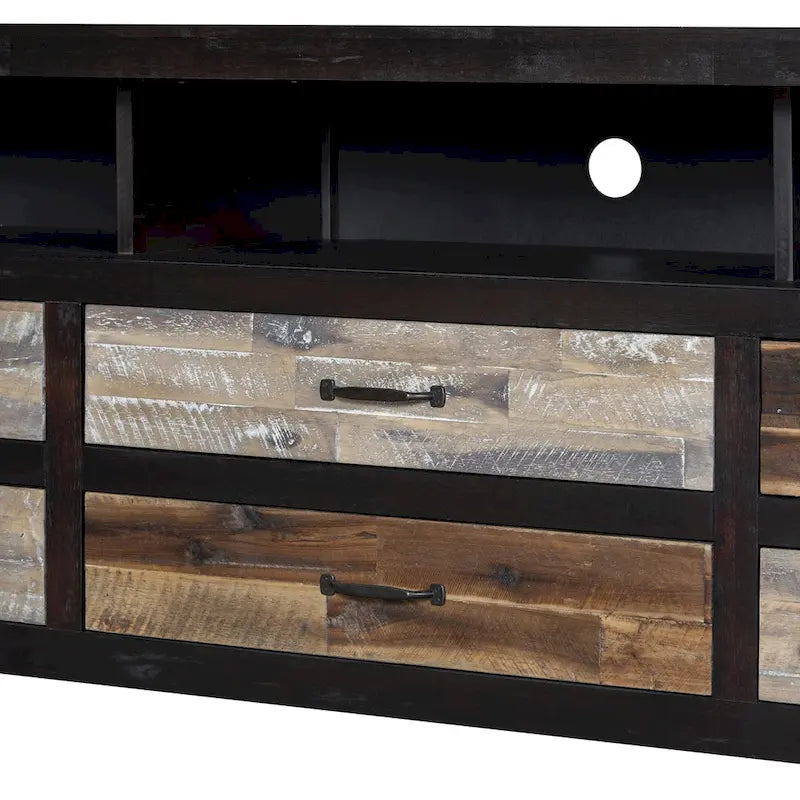 Meuble TV Rétro en Bois Vieilli pour TV jusqu'à 65 Pouces, Meuble TV Console Multimédia avec 6 Tiroirs et 3 Étagères