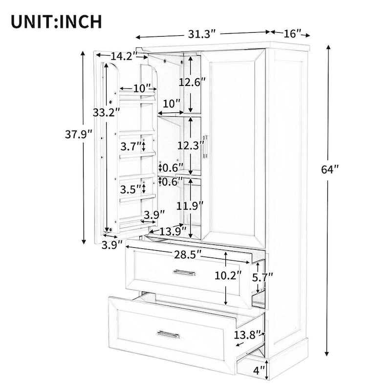 Meuble de rangement haut de salle de bain de 162 cm avec deux portes et tiroirs