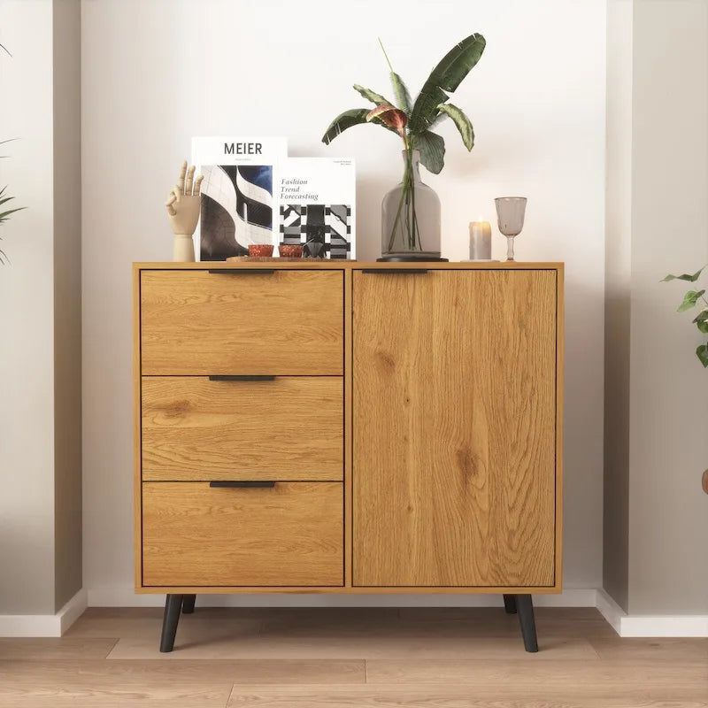 Szafka do przechowywania z 3 szufladami i regulowaną półką, szafka w stylu mid-century z drzwiami, szafka akcentująca, kolor naturalnego drewna