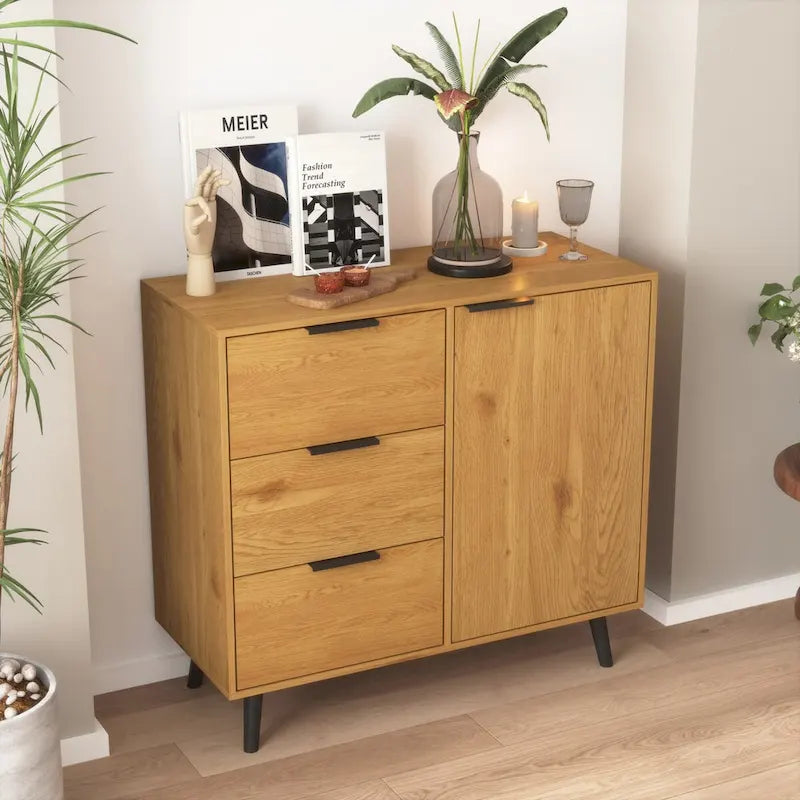 Szafka do przechowywania z 3 szufladami i regulowaną półką, szafka w stylu mid-century z drzwiami, szafka akcentująca, kolor naturalnego drewna