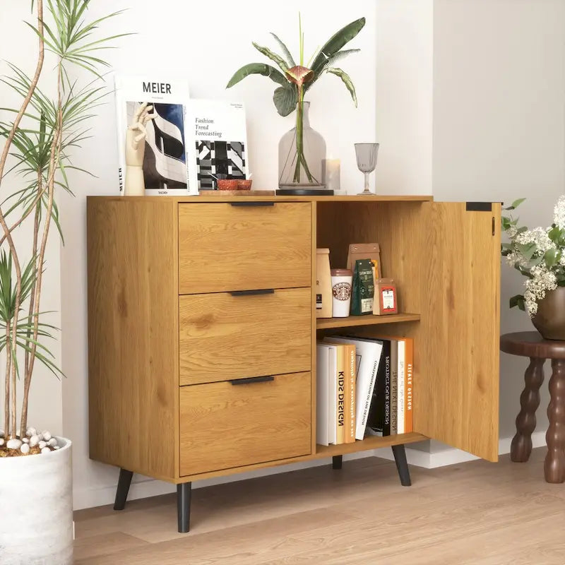 Meuble de Rangement avec 3 Tiroirs et Étagère Réglable, Meuble Mid-Century avec Porte, Meuble d'Appoint, Couleur Bois Naturel