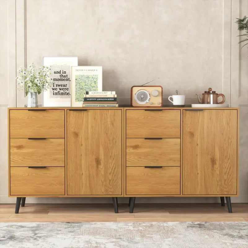 Meuble de Rangement avec 3 Tiroirs et Étagère Réglable, Meuble Mid-Century avec Porte, Meuble d'Appoint, Couleur Bois Naturel