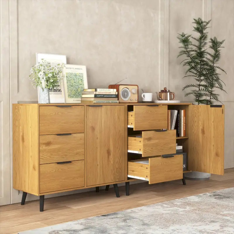 Szafka do przechowywania z 3 szufladami i regulowaną półką, szafka w stylu mid-century z drzwiami, szafka akcentująca, kolor naturalnego drewna