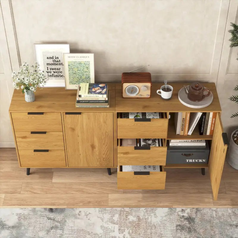 Szafka do przechowywania z 3 szufladami i regulowaną półką, szafka w stylu mid-century z drzwiami, szafka akcentująca, kolor naturalnego drewna