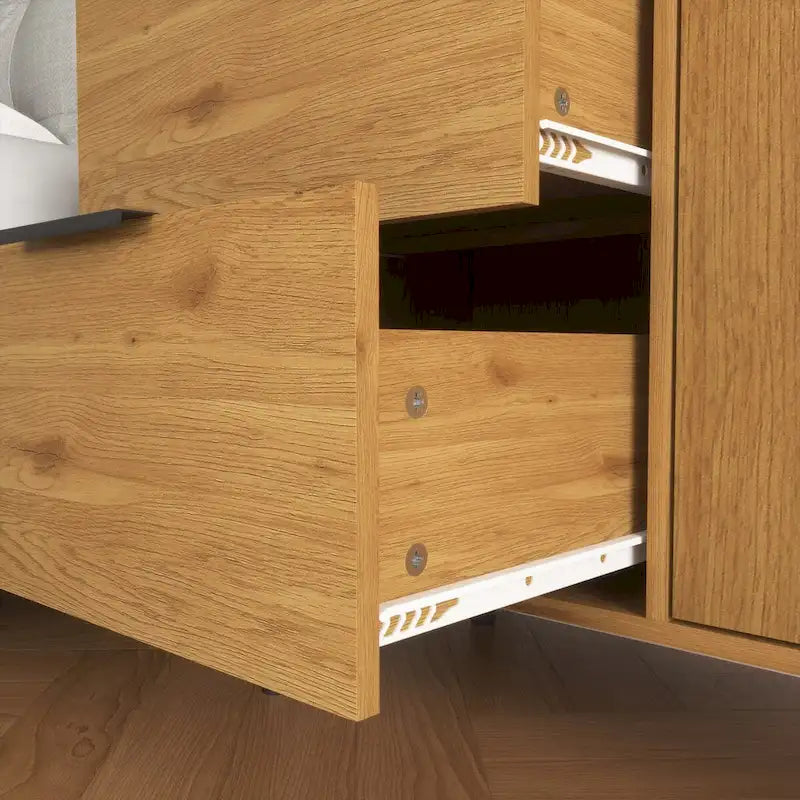 Szafka do przechowywania z 3 szufladami i regulowaną półką, szafka w stylu mid-century z drzwiami, szafka akcentująca, kolor naturalnego drewna