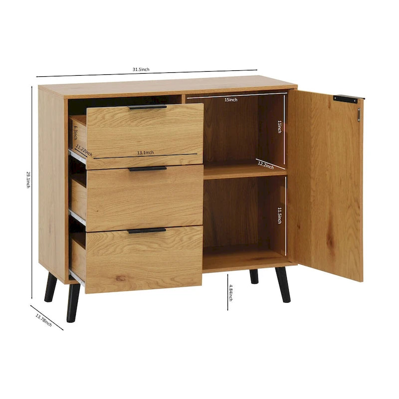 Szafka do przechowywania z 3 szufladami i regulowaną półką, szafka w stylu mid-century z drzwiami, szafka akcentująca, kolor naturalnego drewna