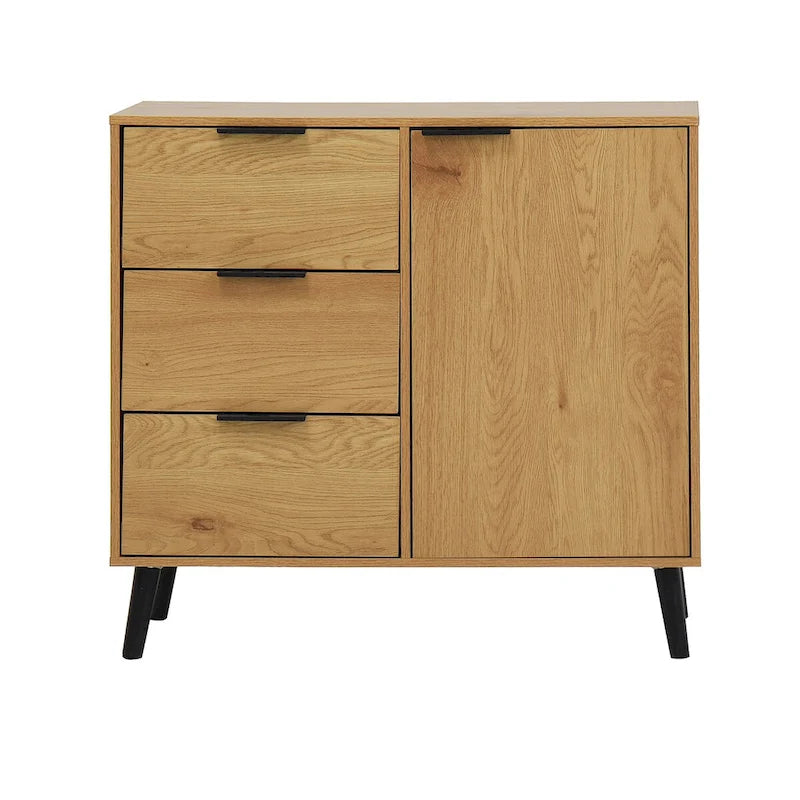 Szafka do przechowywania z 3 szufladami i regulowaną półką, szafka w stylu mid-century z drzwiami, szafka akcentująca, kolor naturalnego drewna
