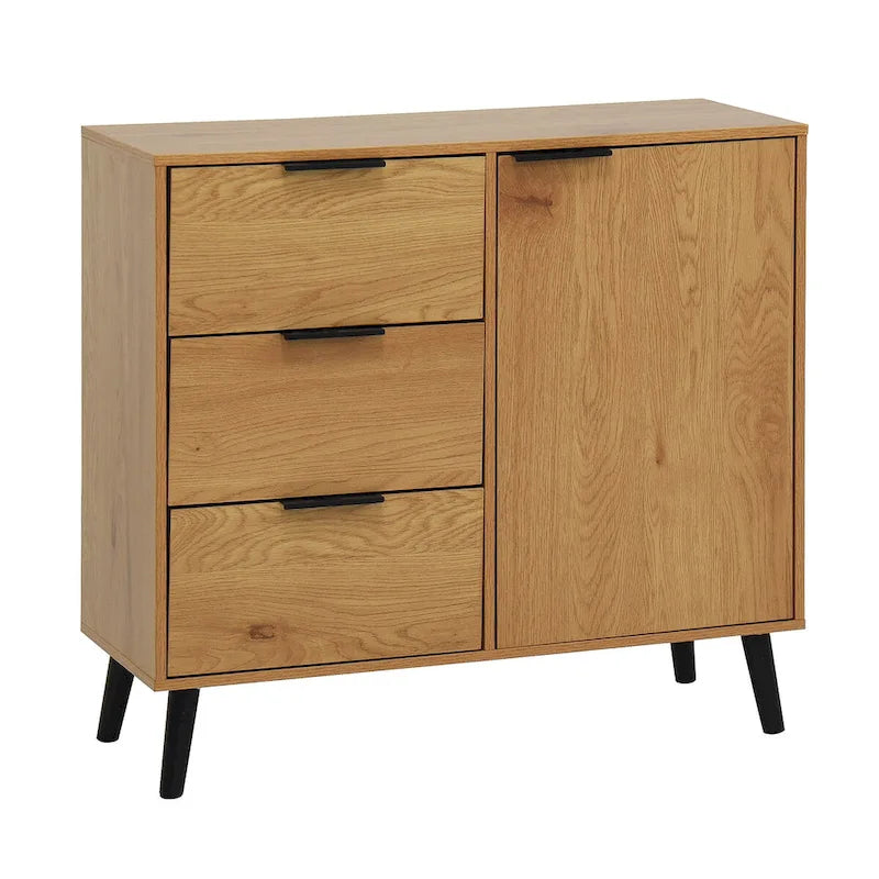 Szafka do przechowywania z 3 szufladami i regulowaną półką, szafka w stylu mid-century z drzwiami, szafka akcentująca, kolor naturalnego drewna