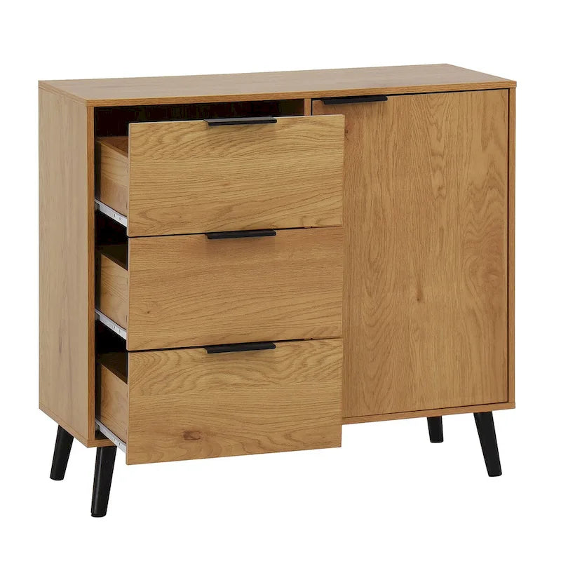 Szafka do przechowywania z 3 szufladami i regulowaną półką, szafka w stylu mid-century z drzwiami, szafka akcentująca, kolor naturalnego drewna