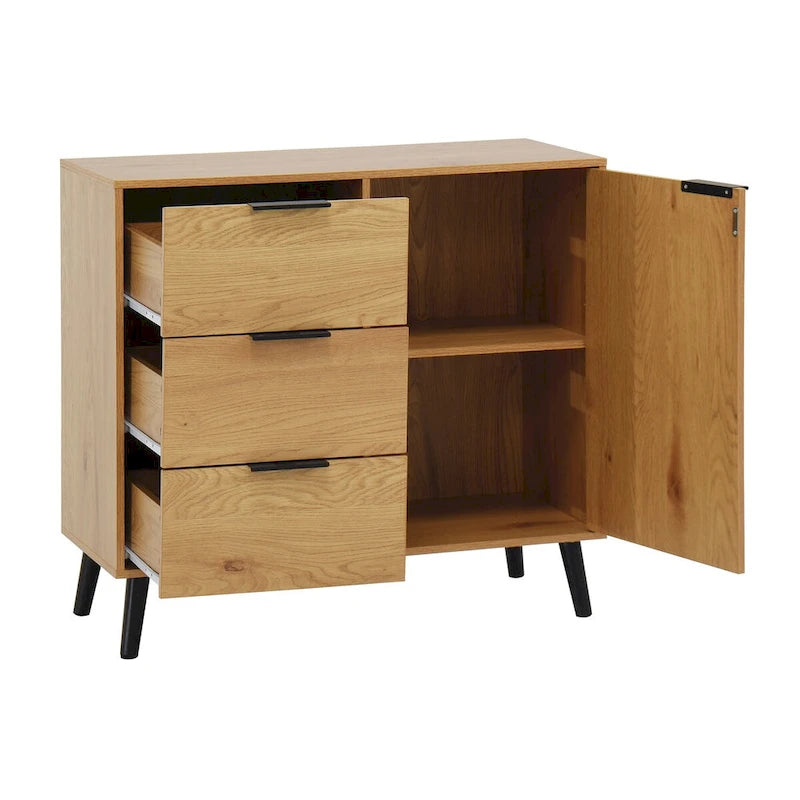 Szafka do przechowywania z 3 szufladami i regulowaną półką, szafka w stylu mid-century z drzwiami, szafka akcentująca, kolor naturalnego drewna