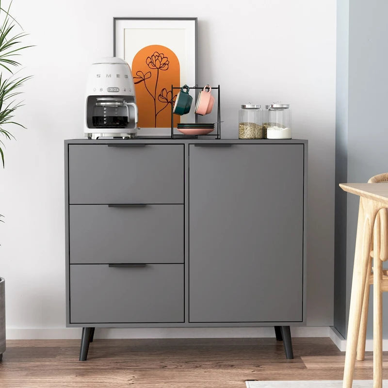Szafka do przechowywania z 3 szufladami i regulowaną półką, szafka w stylu mid-century z drzwiami, szafka akcentująca, kolor naturalnego drewna