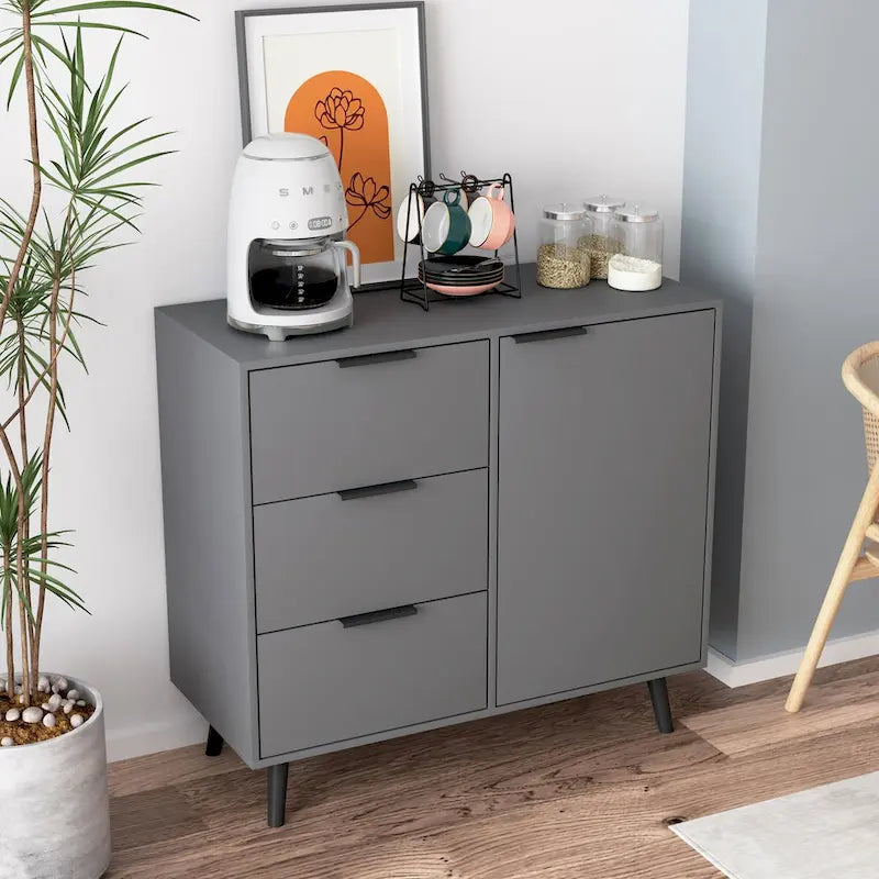 Szafka do przechowywania z 3 szufladami i regulowaną półką, szafka w stylu mid-century z drzwiami, szafka akcentująca, kolor naturalnego drewna