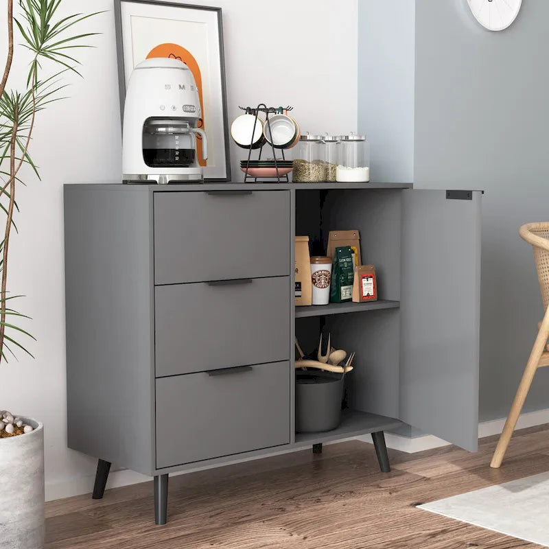 Szafka do przechowywania z 3 szufladami i regulowaną półką, szafka w stylu mid-century z drzwiami, szafka akcentująca, kolor naturalnego drewna