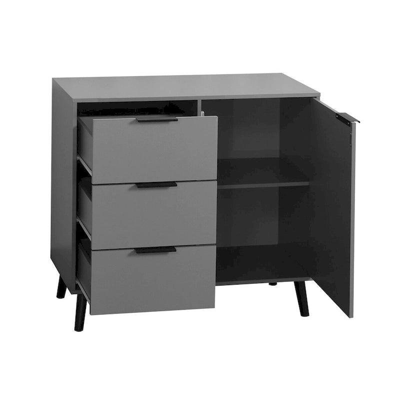 Szafka do przechowywania z 3 szufladami i regulowaną półką, szafka w stylu mid-century z drzwiami, szafka akcentująca, kolor naturalnego drewna