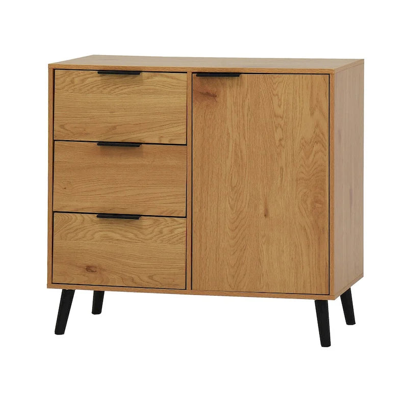 Szafka do przechowywania z 3 szufladami i regulowaną półką, szafka w stylu mid-century z drzwiami, szafka akcentująca, kolor naturalnego drewna