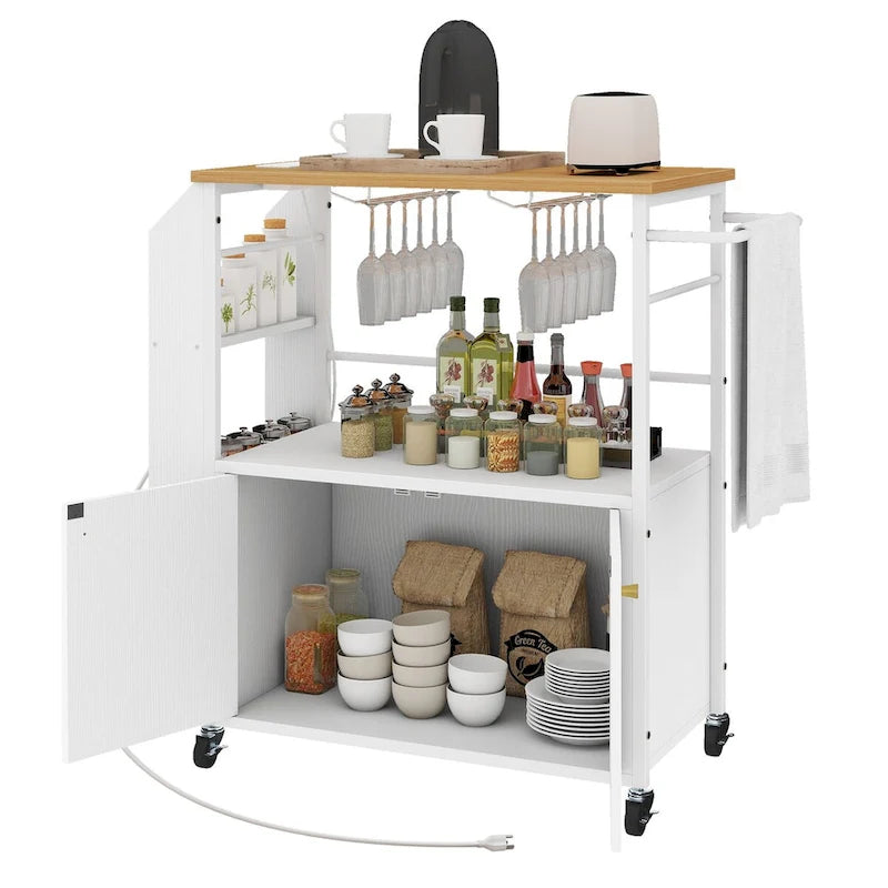 Îlot de cuisine roulant avec étagère de rangement et prise de courant