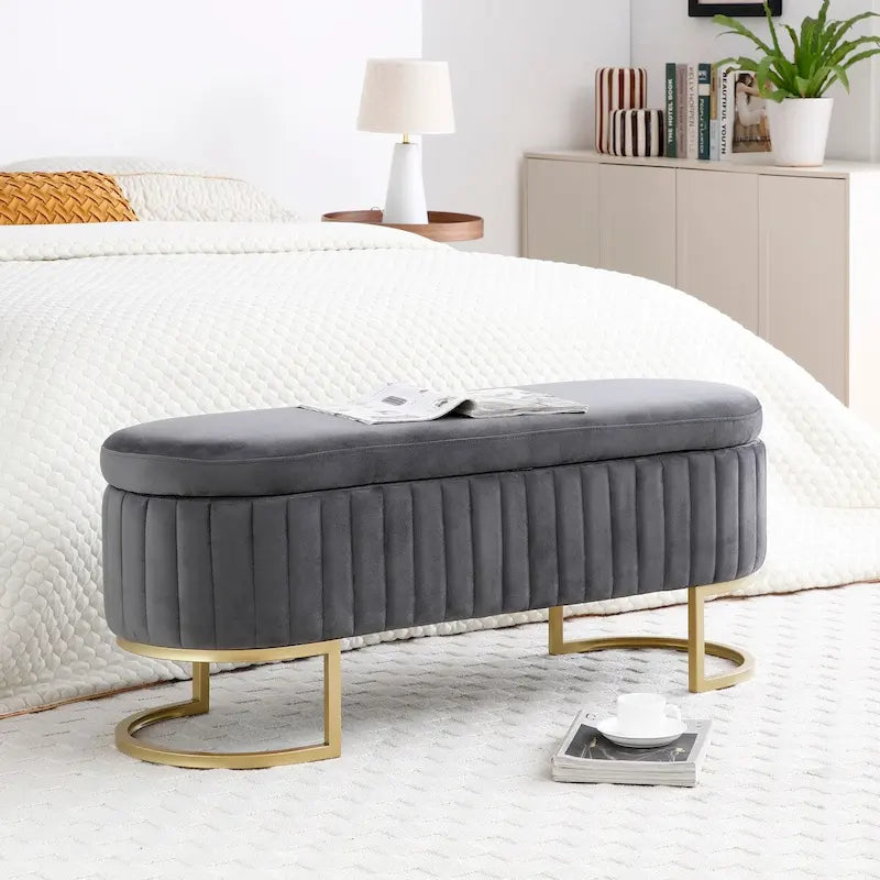 Banc de rangement pour chambre à coucher, banc de bout de lit ovale en velours capitonné avec pieds en métal doré, banc ottoman de rangement 50