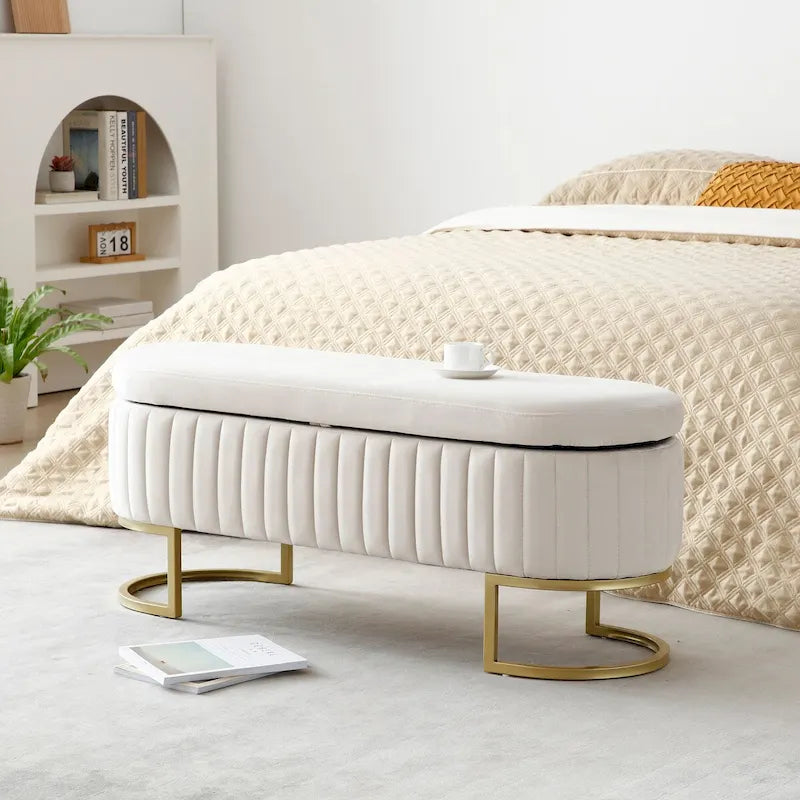 Banc de rangement pour chambre à coucher, banc de bout de lit ovale en velours capitonné avec pieds en métal doré, banc ottoman de rangement 50