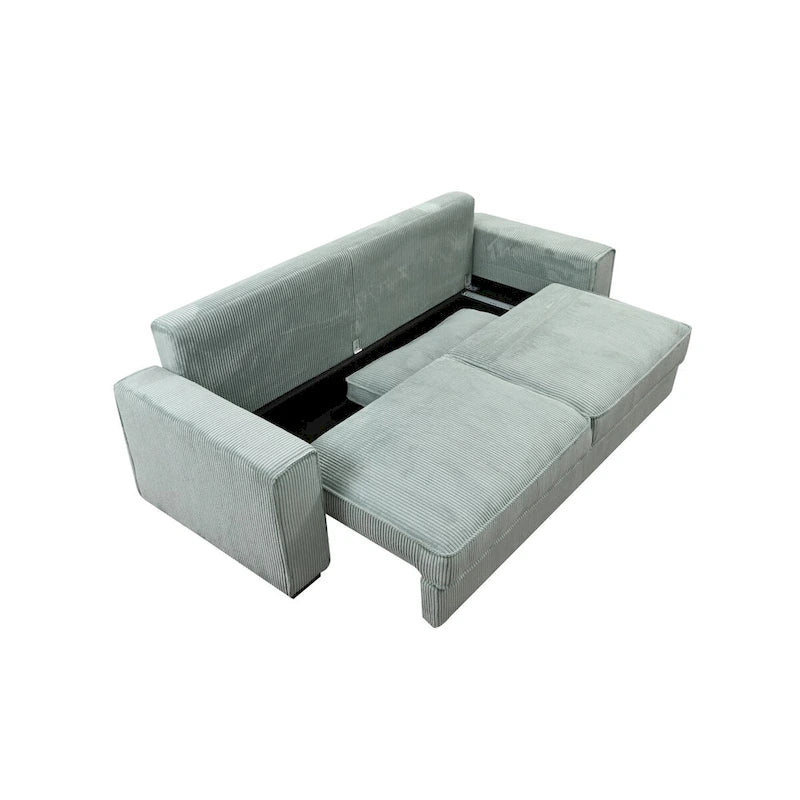 Rozkładana sofa Roomfitters z pojemnikiem na pościel, nowoczesna, trzyosobowa, tapicerowana kanapa do małych pomieszczeń
