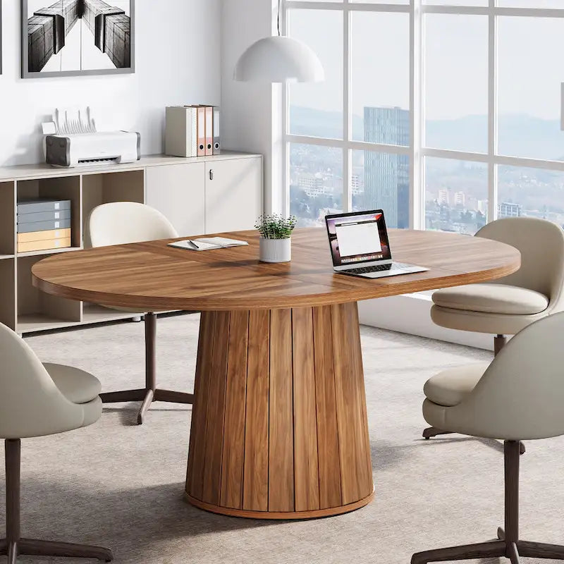 55.11 Inch Brown Wood Oval Conference Table with Wood Base for 6 People - N/A
