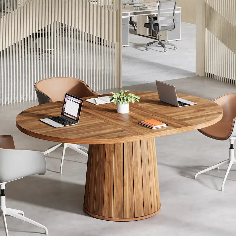 Table de conférence ovale en bois marron de 140 cm avec base en bois pour 6 personnes - N/A