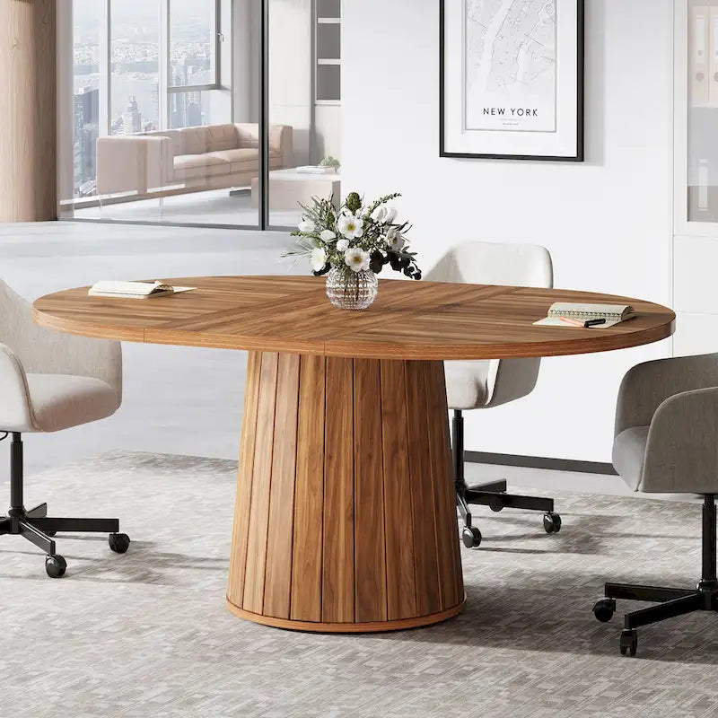 Table de conférence ovale en bois marron de 140 cm avec base en bois pour 6 personnes - N/A