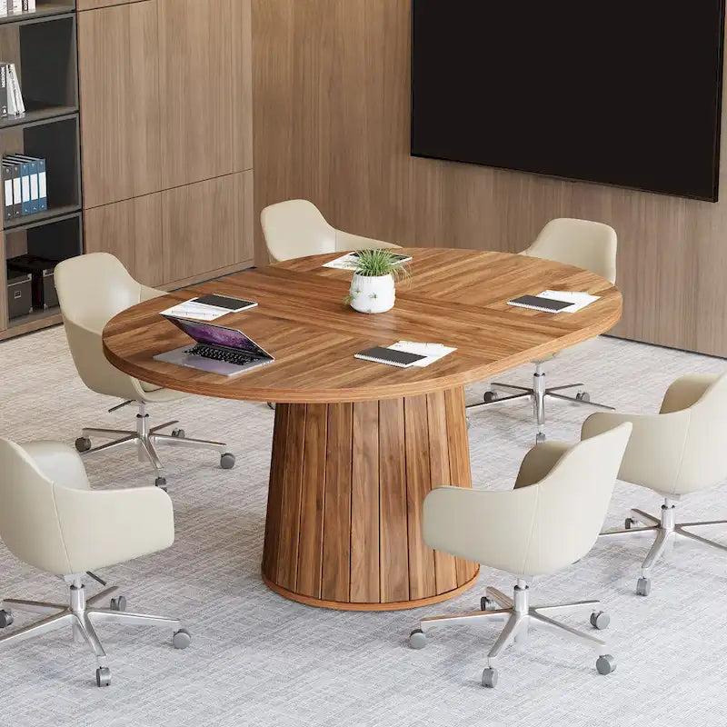 Table de conférence ovale en bois marron de 140 cm avec base en bois pour 6 personnes - N/A