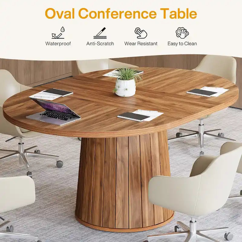 Table de conférence ovale en bois marron de 140 cm avec base en bois pour 6 personnes - N/A