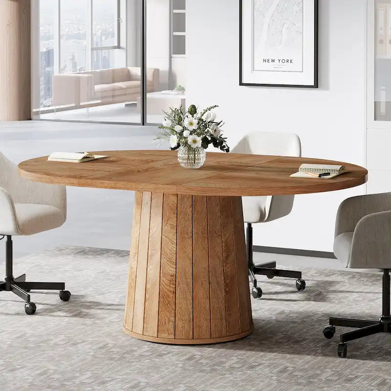 Table de conférence ovale en bois marron de 140 cm avec base en bois pour 6 personnes - N/A